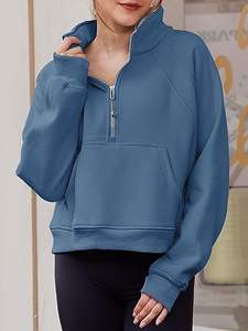 महिलाओं का लोकप्रिय आधा ज़िपड छोटे खड़े गर्दन थंबहोल प्लग हुडी - Product Image 6