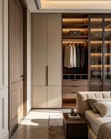 Système de dressing moderne et minimaliste sur mesure avec porte en verre et éclairage LED, armoire intelligente sur mesure pour projets de villas