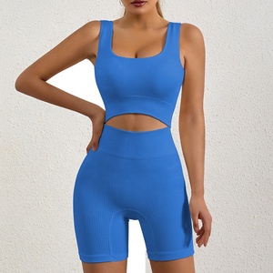 Venta al por mayor Acanalado Alto Impacto Deportes Fitness Bra Top y Entrenamiento Yoga Biker Shorts 2 Piezas Conjuntos para Mujeres - Product Image 2