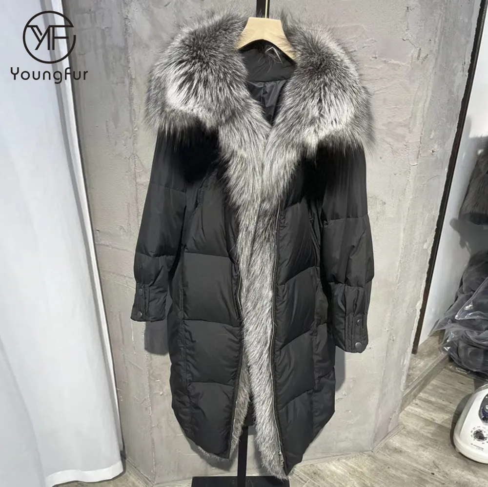 Manteau en duvet pour femmes, chaud et élégant, en fourrure de renard, long, à la mode, de haute qualité 100%, avec rembourrage en plumes d'oie véritables.