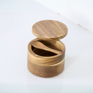 Acacia Wood Salt Cellar Salt <strong>Spice</strong> Box with Swivel Cover and Spoon Perfect for Herbs &amp; Seasonings - Product Image 5