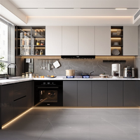 Îlot de cuisine moderne de luxe personnalisé en panneaux de mélamine et placage de bois massif, ensemble complet d'armoires de rangement pour villa