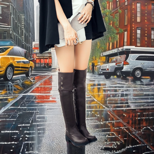 Women's Over-the-Knee Thigh High Waterproof Boots BIG Size <b>Heel</b> 4cm Brown Winter PU Stiletto Button Closure PVC/Rubber Outsole - Product Image 2