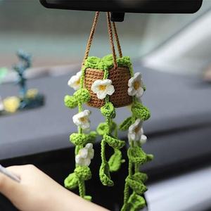 Planta en maceta de ganchillo colgante hecha a mano para espejo retrovisor de coche, accesorios colgantes de espejo de coche hechos a mano, adorno colgante de lana - Product Image 5