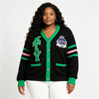 Kardigan Rajut Baru Wanita Hitam dan Hijau, Sweater Varsity Kampus, Bordir Logo Custom, Unisex