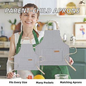 Ensemble assorti parent-enfant rayé en coton et lin, tablier de cuisine réglable pour maman, papa, enfants, idée cadeau pour la famille - Product Image 2