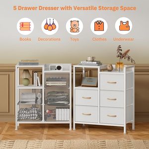 <span class=keywords><strong>Commode</strong></span> blanche à <span class=keywords><strong>5</strong></span> <span class=keywords><strong>tiroirs</strong></span> pour chambre à coucher, étagère de rangement à 2 niveaux pour placard, structure métallique robuste pour couloirs et pièces. - Product Image 6