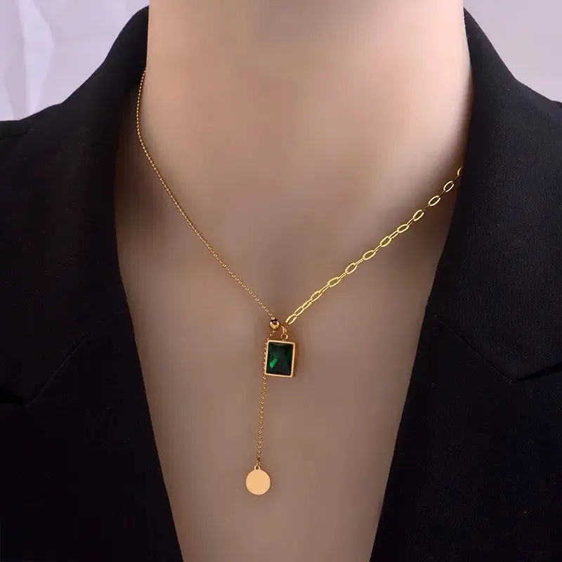 Fashion Jewelry Stainless Steel 18k Gold Plated Chain Necklace Adjustable Rectangle Emerald Diamond Pendant Necklace