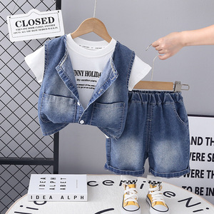 Conjunto de Ropa de Verano 2025 para Niños, Pantalones Cortos de Manga Corta, <span class=keywords><strong>Chaleco</strong></span> <span class=keywords><strong>Vaquero</strong></span> para Niños y Niñas, Traje de Tres Piezas, Jeans Elegantes al por Mayor - Product Image 6
