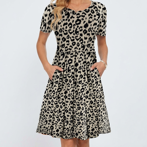 Spring <b>Summer</b> Women's Vintage Casual Short Sleeve Midi <b>Dress</b> Digital Printing Natural Waist A-Line Silhouette Leisure <b>Pockets</b> - Product Image 1