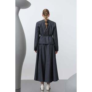 Puane Women's Elegant Navy Blue Two-Piece Skirt and Blouse Set with Shoulder Flap and Belt Detail, Modern Style for Various - Product Image 4