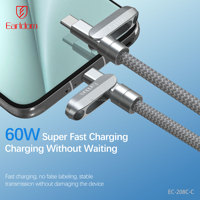 Câble de données USB-C vers USB-C Earldom 2 en 1, câble de charge USB-C PD 60W à charge rapide, câble rétractable avec cordon pour la charge de téléphone