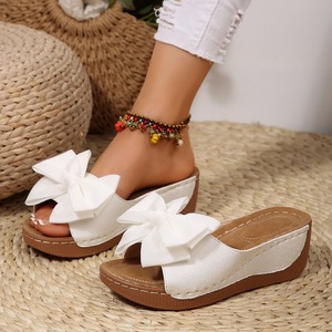 Plus Size Summer Wedge <b>Slippers</b> for Outdoor Wear Fashionable Bow Thick Sole One-strap PU Upper New Fish Mouth Sandals Women sand - Product Image 4
