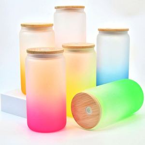 Oferta Especial: Vaso de Vidrio Sublimable con Tapa de Bambú, Forma de Lata, Color Degradado Esmerilado, 16oz/20oz, para Café, Refrescos y Cerveza, Envío desde Almacén en EE. UU. - Product Image 1