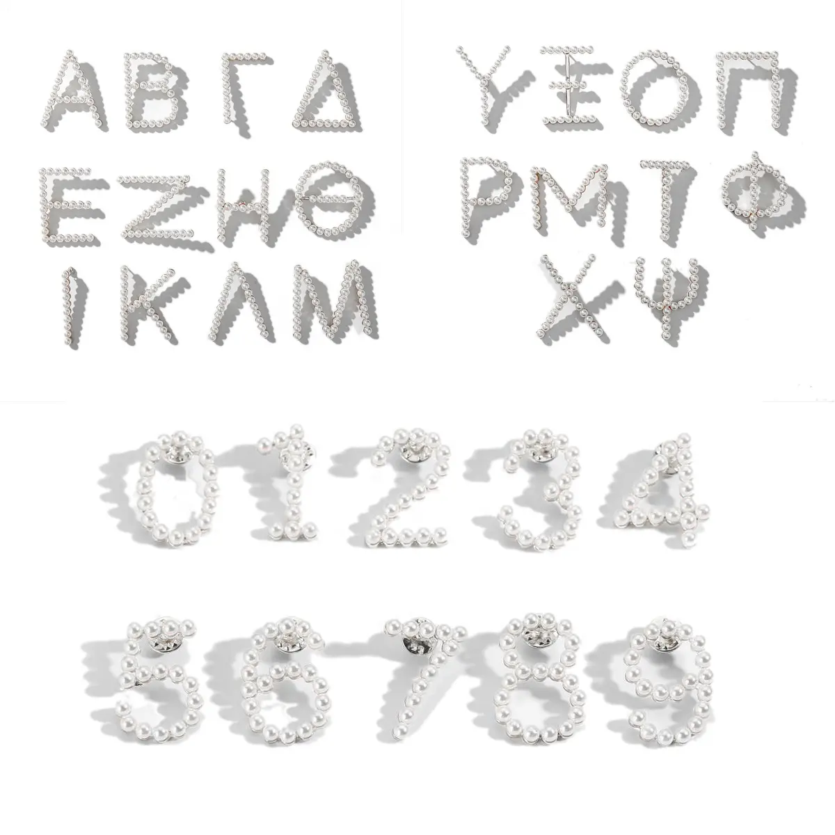 Wholesale Silver Alpha Delta Eta Zeta Alphabet Omicron Greek Letter symbol Pearl Lapel pins Sigma Lambda Mu Pearl Brooch Jewelry
