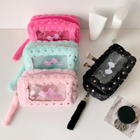 Pochette de maquillage multifonctionnelle en peluche douce de style coréen avec fenêtre transparente, sac de rangement portable pour voyage à motif cœur