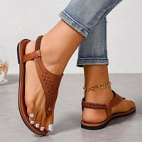 Sandales plates décontractées d'extérieur pour femmes, grande taille, modèle uni, nouvelle collection été 2025, en PU, bouton, bout rond