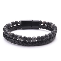 Bracelet en cuir à fermoirs magnétiques double couche avec logo gravé personnalisé, pierres précieuses lapis-lazuli et œil de tigre, vente chaude