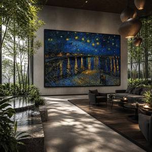 <span class=keywords><strong>D</strong></span>écoration Murale en Aluminium Noir Encadré, Grande Peinture Classique « Nuit Étoilée au-dessus du Rhône » de <span class=keywords><strong>Van</strong></span> <span class=keywords><strong>Gogh</strong></span>, Idéale pour Hôtels, Bureaux et Espaces Commerciaux - Product Image 1