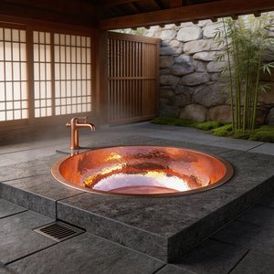 Baignoire ronde en <span class=keywords><strong>cuivre</strong></span> martelé à la main, intérieur poli, style Zen japonais, 60 gallons+, drain central, bain de spa personnalisé pour villa - Product Image 1