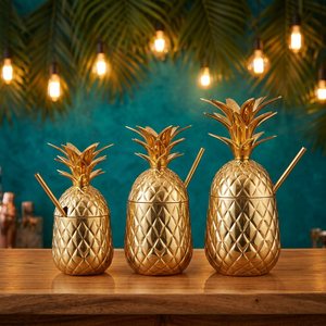Verre à boire en laiton en forme d'ananas avec paille - Product Image 1