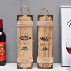 Caixa de vinho de madeira rústica personalizada, caixa decorativa de madeira com cabo de corda e tampa giratória