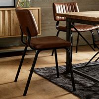 Chaise de salle à manger en cuir rétro à cannelures verticales pour restaurant, café, avec pieds en métal noir, chaise d'appoint rembourrée