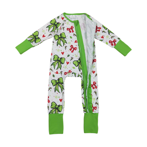 RTS, venta al por mayor, ropa para niños, Pelele de otoño con lazo rojo verde de Navidad para bebé, ropa de diseño de primavera y otoño - Product Image 2