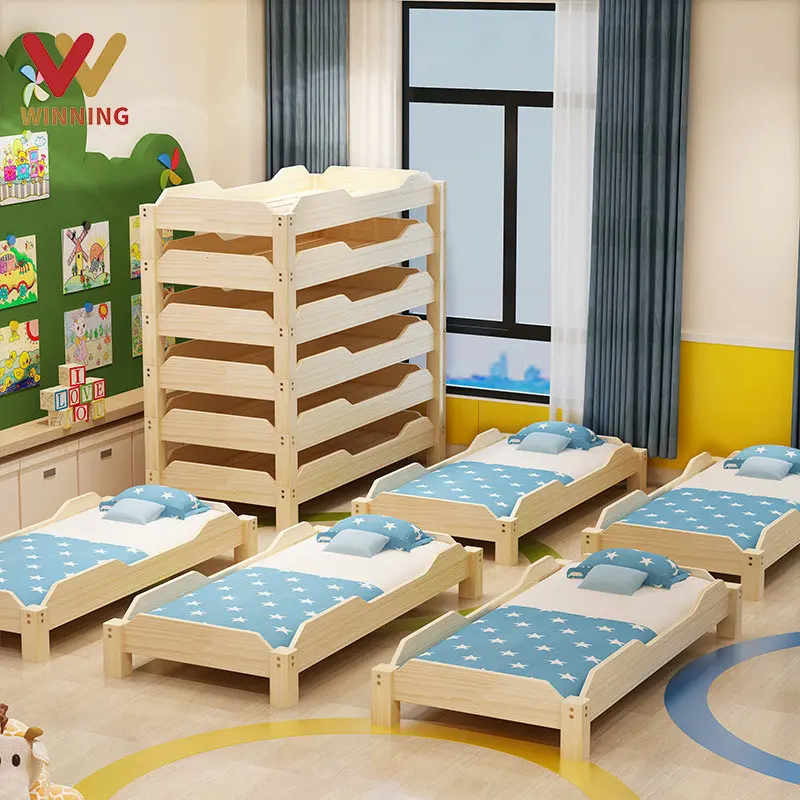 Kids Wooden Single Bed For Kindergarten Daycare Preschool Montessori Nursery Creche Resting Bed Stackable Space Saving Cots