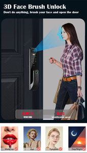 قفل ذكي للأبواب مع نظام التعرف على الوجه ثلاثي الأبعاد وبصمة الإصبع، يدعم واي فاي وتويا، مع دعم الفيديو والاتصال الداخلي، مناسب للأبواب الخشبية، يدعم البطاقات وقفل بدون مفتاح - Product Image 3