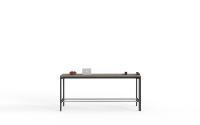 Table haute moderne avec plateau en bois foncé et structure en métal noir pour salle de pause de bureau