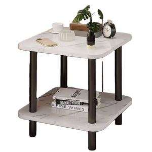 Table <span class=keywords><strong>d</strong></span>'appoint moderne à motif marbre carré, table à 2 niveaux avec pieds en métal robustes, petite table de chevet pour petits espaces - Product Image 1