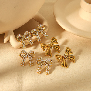 Bowknot <b>Stud</b> Earrings Gold Rhinestone Inlaid <b>Titanium</b> Steel For Women Party Fashion Jewelry - Product Image 2