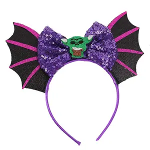 Lentejuelas verde monstruo arco murciélago alas Halloween diadema elegante cabeza pieza para adultos niños fiesta Carnaval
