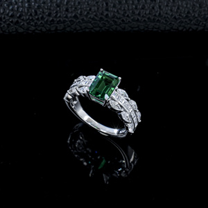 <b>Emerald</b> Cut Green Gemstone <b>Ring</b> 925 <b>Silver</b> Rhodium Plated Prong Setting High-grade Classic Women's Wedding Anniversary - Product Image 2