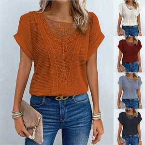 T-<span class=keywords><strong>shirt</strong></span> à col rond en dentelle respirante pour femmes, haut décontracté à manches courtes élégant pour les vacances d'été, chemisier à trous - Product Image 3