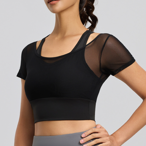 เสื้อโยคะผู้หญิงแบบขายส่ง ผ้าตาข่าย 2 in 1 มีบราในตัว แขนสั้น ทรงครอป เสื้อออกกำลังกาย ยืดหยุ่นสูง ระบายอากาศได้ดี - Product Image 5