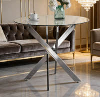 Table à manger moderne et élégante avec plateau en verre trempé rond et pieds croisés chromés pour la maison, le salon, la cuisine, l'hôtel