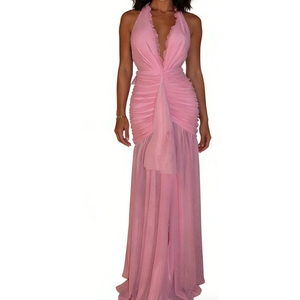 Women's Halter Neck Ruched Tulle Maxi Dress - <b>Tie</b> <b>Back</b> Ruffle Detail Formal Evening Gown Party Dresses Fashion - Product Image 3