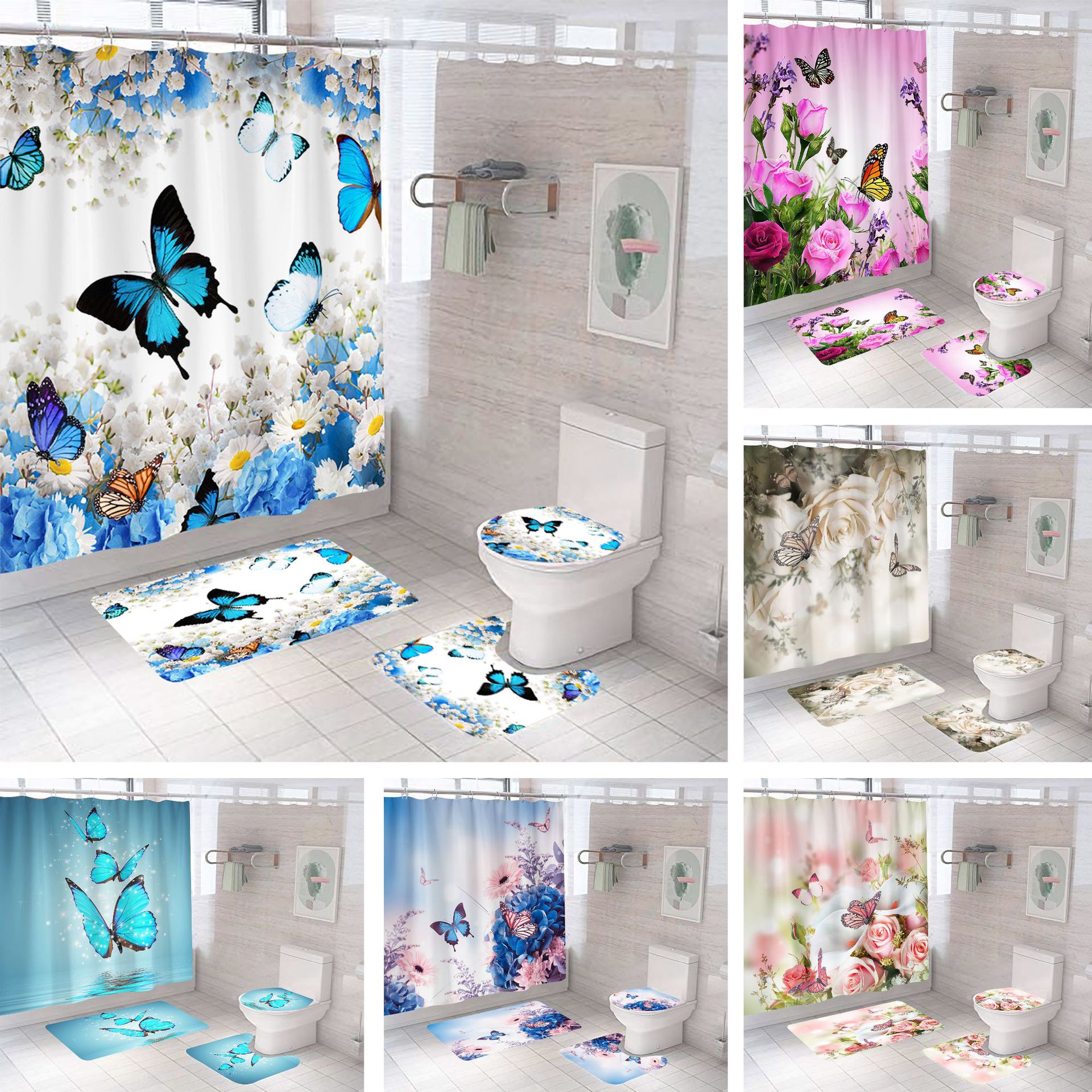 Wholesale 100% Polyester 3d Digital Printing 4 Piece Bathroom Sets With Shower Curtain And Rugs