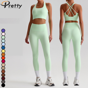 Set Olahraga Wanita Grosir 2pcs, Atasan Vest Punggung Terbuka & Legging Ribbed, Baju Yoga, Pakaian Olahraga Athleisure, Legging Pinggul - Product Image 2