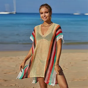 OEM & ODM Beach Vacation sexy Cover-up short sleeve Smock See Through Blouse knit hollow out Ladies Dress