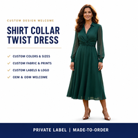 Robe personnalisée pour femme à col chemise torsadé, col en V, manches longues, coupe ajustée et évasée, longueur midi, fabricant OEM ODM sous marque privée