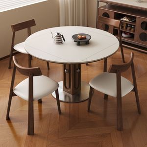 Retro Style Slab Dining <b>Table</b> And Chairs <b>Round</b> Foldable Solid Wood Home Small Apartment Use - Product Image 2