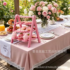 ชั้นวางขนมหวานไม้ 3 ชั้น สีชมพู ใช้ซ้ำได้ สำหรับตกแต่งโต๊ะงานวันแม่ - Product Image 1
