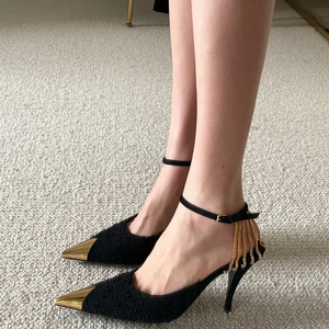 Rose Park Chae-young With the Same High Heels 22 Early Spring Black Sexy Metal Pointed Thin Heel Shoes Hollow Sandals Female - Product Image 2