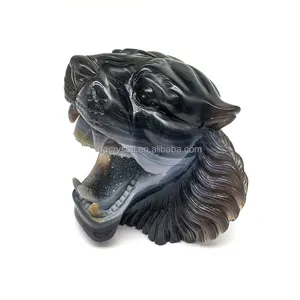 HOT sale high quality fierce druzy agate tiger head Exorcism Desktop furniture natural Crystal Cave for decoration and gifts