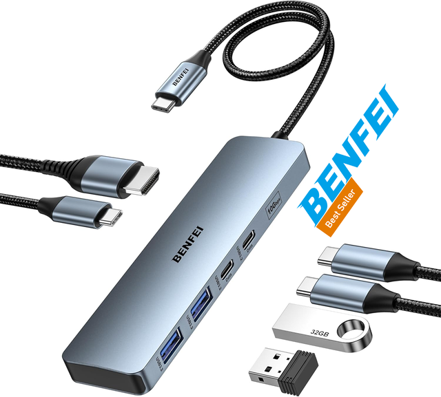 BENFEI 6 in 1 USB-A/USB-C MULTI-PORT HUB 4K 60Hz HDMI PD 100W 1000Mbps Ethernet USB3.0x3
