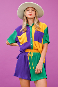 Wholesale Custom logo Shirt Short Sleeve <strong>Tops</strong> Shorts Color Block <strong>Plisse</strong> Women Two Piece Set Mardi Gras Sets - Product Image 6
