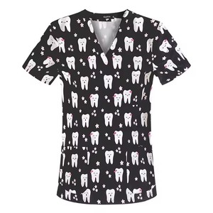 เสื้อสครับพิมพ์ลายตามสั่ง คอวี แขนสั้น ชุดยูนิฟอร์มพยาบาลสำหรับผู้หญิง พนักงานโรงพยาบาล ชุดทำงานคลินิกทันตกรรม - Product Image 2